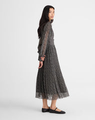 Pleated Puff-Sleeve Maxi Dress in Floral JET BLACK