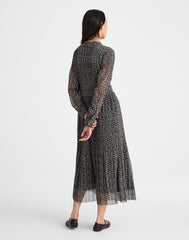 Pleated Puff-Sleeve Maxi Dress in Floral JET BLACK