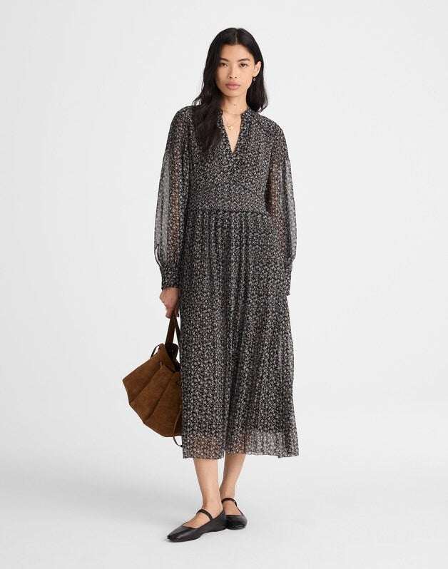 Pleated Puff-Sleeve Maxi Dress in Floral JET BLACK