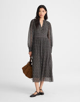 Pleated Puff-Sleeve Maxi Dress in Floral JET BLACK