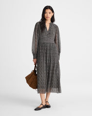 Pleated Puff-Sleeve Maxi Dress in Floral JET BLACK