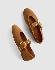 The Remy Scalloped Mary Jane Flat in Suede DRIED ACORN