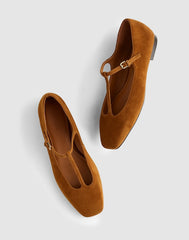 The Mylie T-Strap Flat in Suede RUSSET
