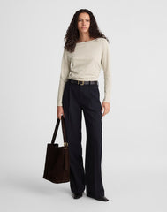 Striped Ruched Crewneck Long-Sleeve Tee in Soft Slub COASTAL DUNE