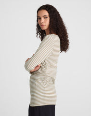 Striped Ruched Crewneck Long-Sleeve Tee in Soft Slub COASTAL DUNE
