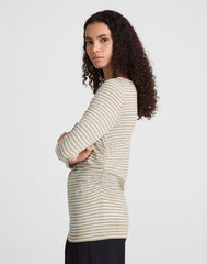 Striped Ruched Crewneck Long-Sleeve Tee in Soft Slub COASTAL DUNE