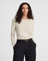 Striped Ruched Crewneck Long-Sleeve Tee in Soft Slub COASTAL DUNE