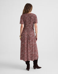 Zip-Front Flutter-Sleeve Midi Dress in Floral DAPHNE FLORAL RAISIN BLUSH