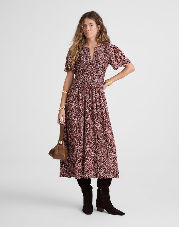 Zip-Front Flutter-Sleeve Midi Dress in Floral DAPHNE FLORAL RAISIN BLUSH