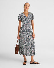 Button-Front Flutter-Sleeve Midi Dress in Floral AMANDA FLORAL NAVY