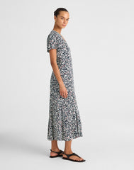 Button-Front Flutter-Sleeve Midi Dress in Floral AMANDA FLORAL NAVY