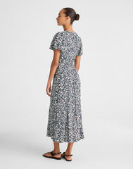 Button-Front Flutter-Sleeve Midi Dress in Floral AMANDA FLORAL NAVY