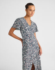 Button-Front Flutter-Sleeve Midi Dress in Floral AMANDA FLORAL NAVY