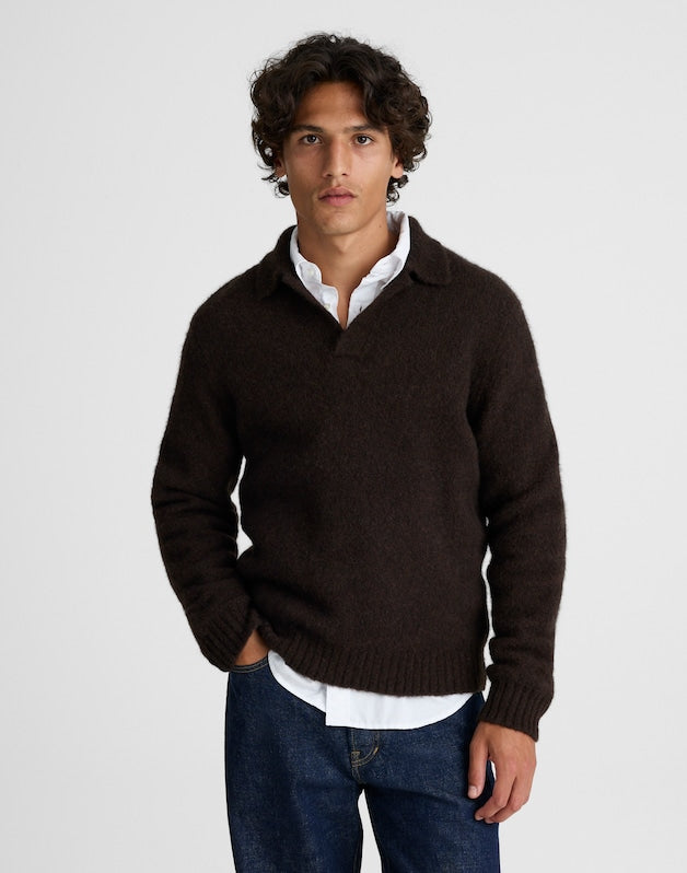Open-Collar Sweater Polo in Yak-Alpaca Blend DARK BROWN