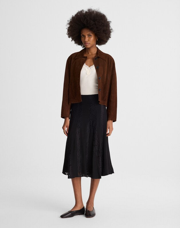 Asymmetric Lace Panel Midi Skirt JET BLACK