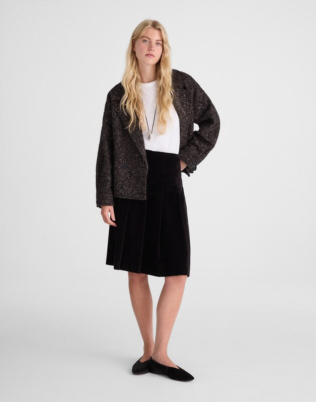 Pleated Midi Skirt in Velvet BLACK