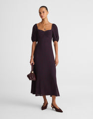 Puff-Sleeve Sweetheart Midi Dress ABSTRACT LEAF NAVY AND BURG