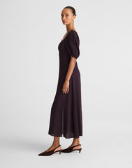Puff-Sleeve Sweetheart Midi Dress ABSTRACT LEAF NAVY AND BURG