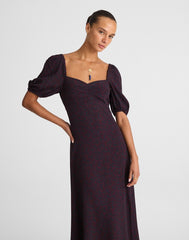 Puff-Sleeve Sweetheart Midi Dress ABSTRACT LEAF NAVY AND BURG