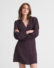 Puff-Sleeve Mini Wrap Shirtdress BURG FOULARD