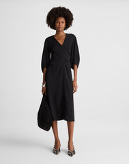 V-Neck Ruched Midi Dress JET BLACK