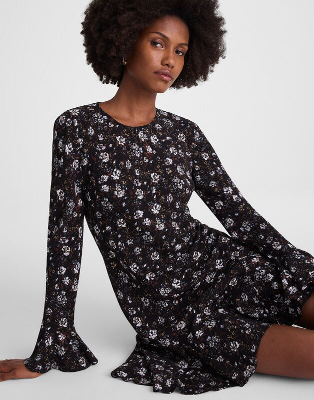 Long-Sleeve A-Line Mini Dress ROSE BROWN AND IVORY