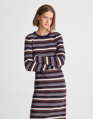 Crewneck Sweater Maxi Dress in Merino Wool NAVY MULTI STRIPE
