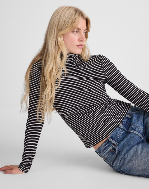 Ribbed Turtleneck Tee in Stripe WINTER WHITE