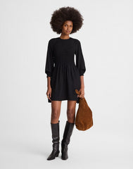 Long-Sleeve Smocked Mini Dress JET BLACK
