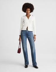 Ruffle-Trim Pointelle Cardigan SOFT WHITE WITH BLACK