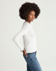 Ruffle-Trim Pointelle Cardigan SOFT WHITE WITH BLACK