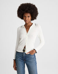 Ruffle-Trim Pointelle Cardigan SOFT WHITE WITH BLACK