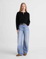 Raglan-Sleeve Cropped Cardigan in Merino Wool BLACK