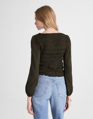 Smocked Boatneck Top MIDNIGHT OLIVE