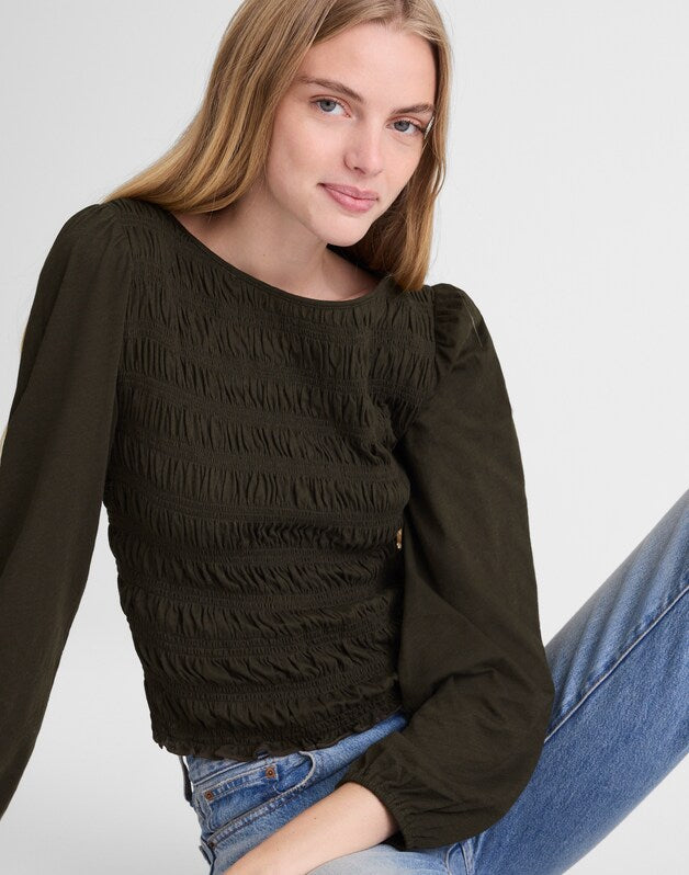 Smocked Boatneck Top MIDNIGHT OLIVE