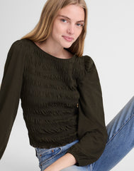 Smocked Boatneck Top MIDNIGHT OLIVE