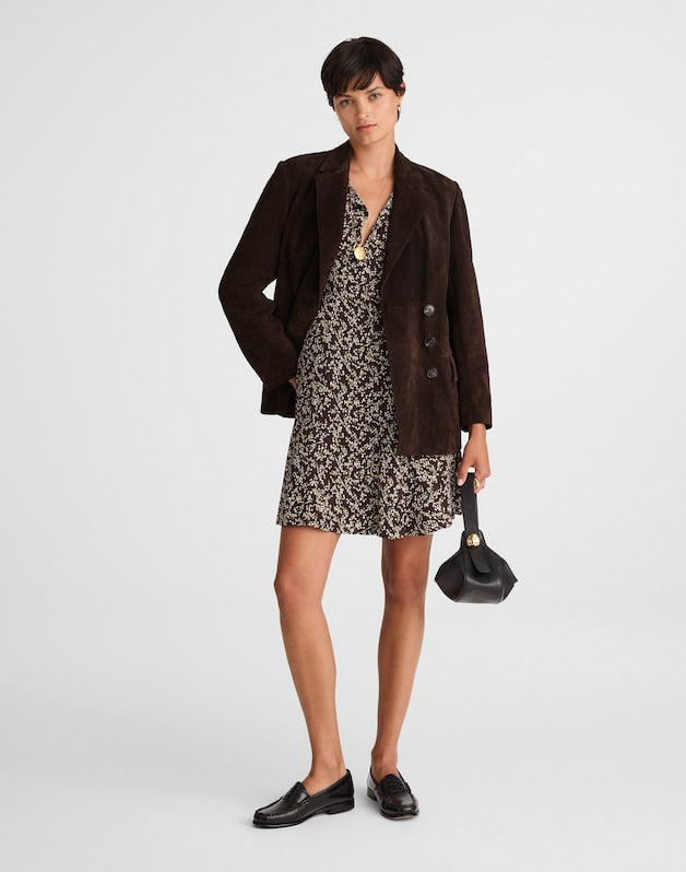 Button-Front Boatneck Mini Dress in Floral BRIDGETTE SPOTS BROWN