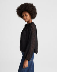 Embroidered Tie-Neck Long-Sleeve Top JET BLACK
