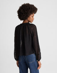 Embroidered Tie-Neck Long-Sleeve Top JET BLACK