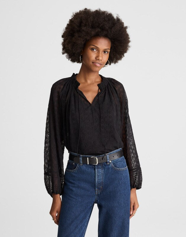 Embroidered Tie-Neck Long-Sleeve Top JET BLACK