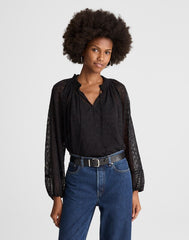 Embroidered Tie-Neck Long-Sleeve Top JET BLACK