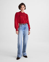 Smocked High-Neck Long-Sleeve Top CRIMSON