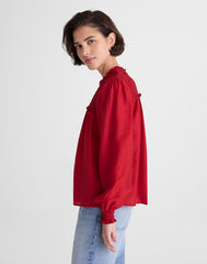 Smocked High-Neck Long-Sleeve Top CRIMSON