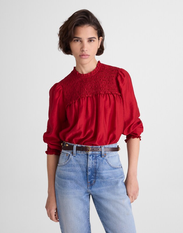 Smocked High-Neck Long-Sleeve Top CRIMSON
