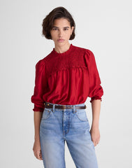 Smocked High-Neck Long-Sleeve Top CRIMSON