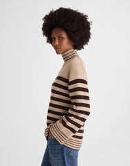 Ribbed Oversized Turtleneck Sweater in Wool Blend CHOCOLATE AND CAMEL STRIPE