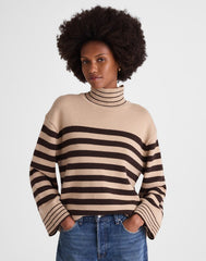 Ribbed Oversized Turtleneck Sweater in Wool Blend CHOCOLATE AND CAMEL STRIPE