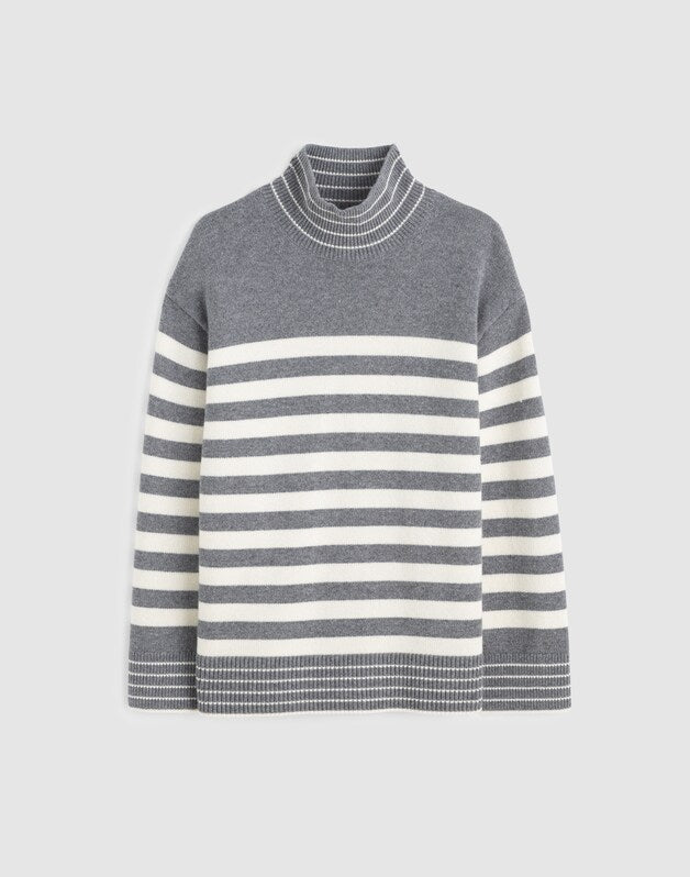 Ribbed Oversized Turtleneck Sweater in Wool Blend HTHR GREY AND IVORY STRIPE