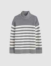 Ribbed Oversized Turtleneck Sweater in Wool Blend HTHR GREY AND IVORY STRIPE
