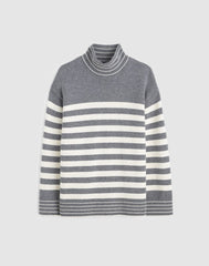 Ribbed Oversized Turtleneck Sweater in Wool Blend HTHR GREY AND IVORY STRIPE